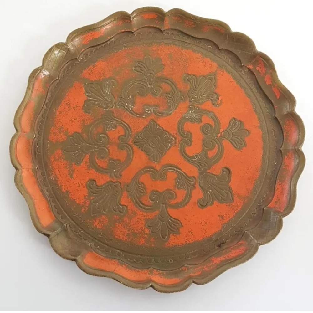 Italian Florentine Tray: Orange & Gold 11inch Round Serving Platter Decorative